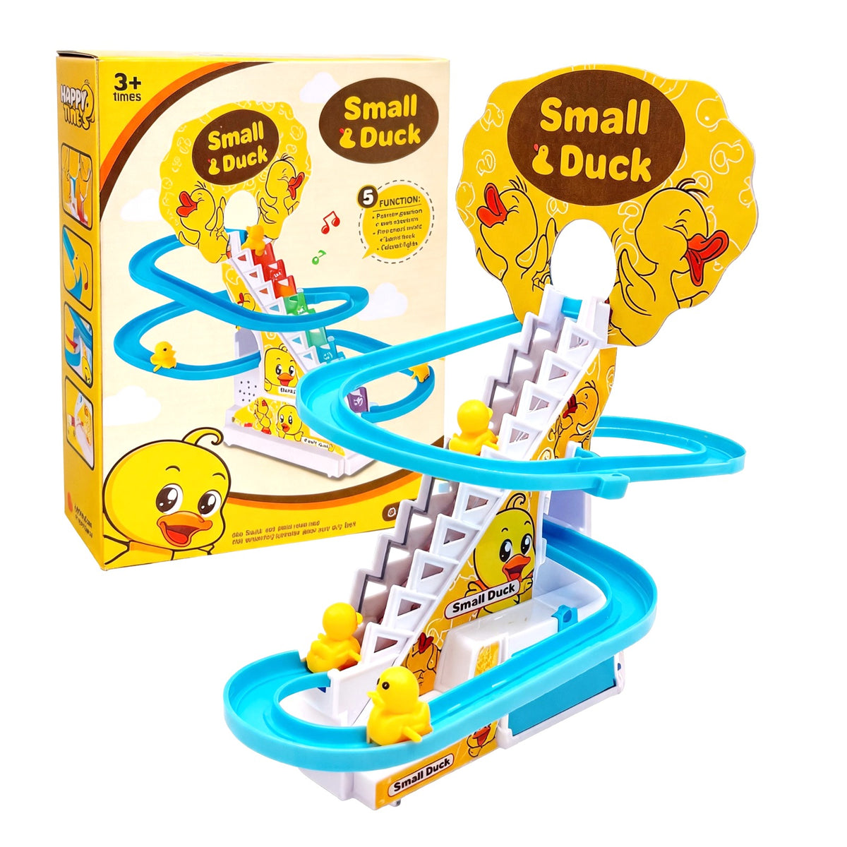 A children's toy race track set with a spiral blue track, white ramp sections, small yellow duck figures, and a matching retail box labeled 'Small & Duck' on a plain white background.