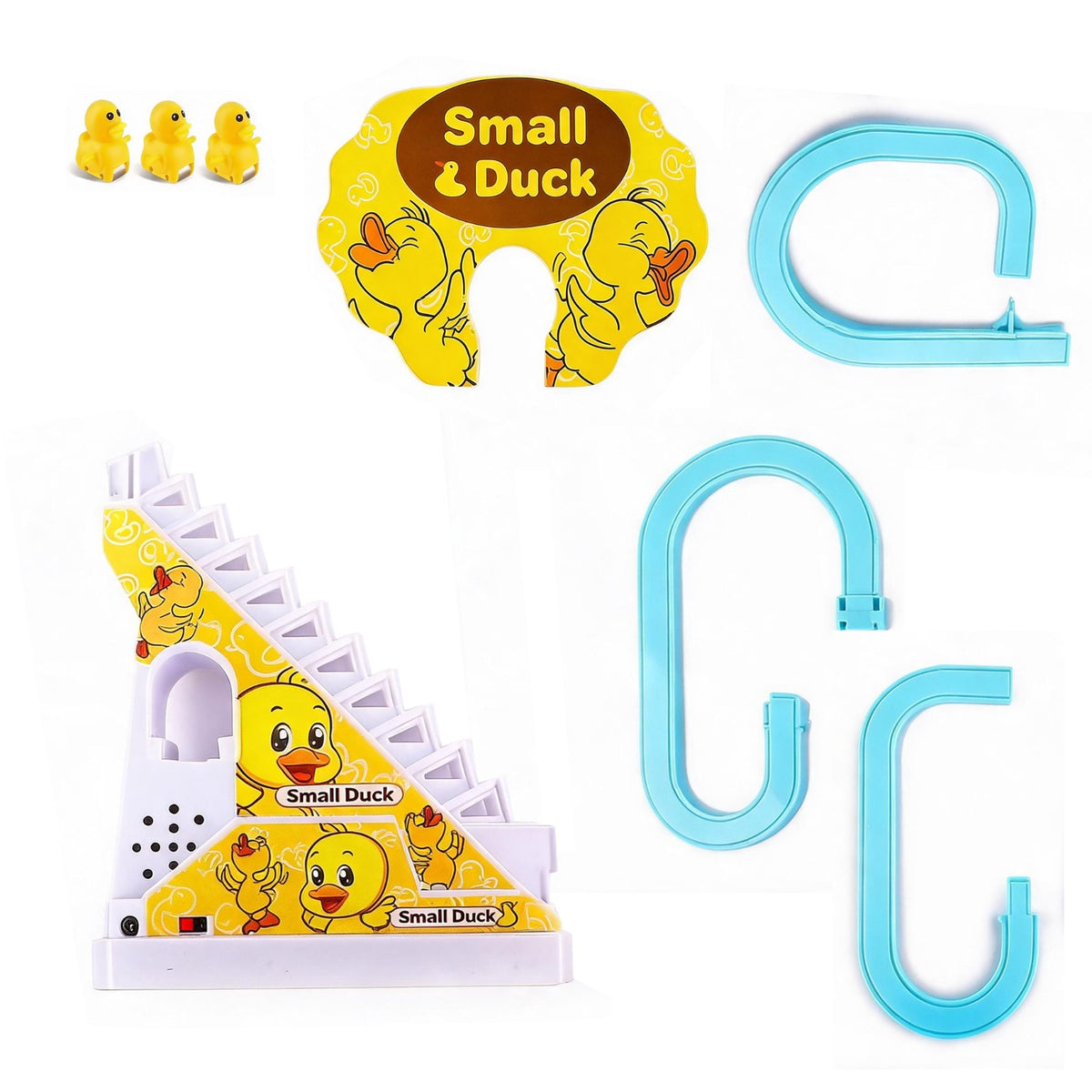 A children's toy set labeled 'Small & Duck' on a white background, including a yellow duck-themed triangular game board, small yellow duck figures, blue curved plastic track pieces, and a yellow duck-shaped accessory.