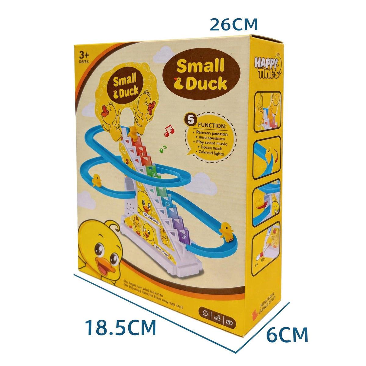 Box packaging for a Small & Duck toy with dimension labels showing 26CM height, 18.5CM width, and 6CM depth on a white background.