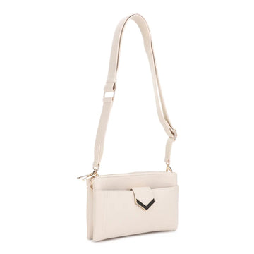 A light cream-colored faux leather crossbody bag with a matching adjustable shoulder strap, a front zippered pocket, and a small black chevron accent on the front flap.