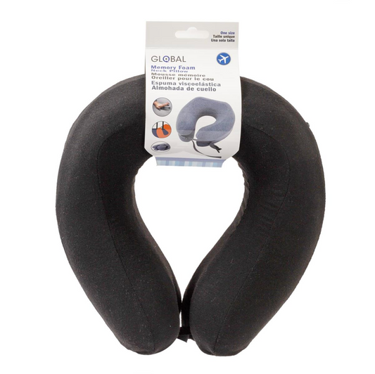 Black Global memory foam neck pillow with its retail packaging card, front view