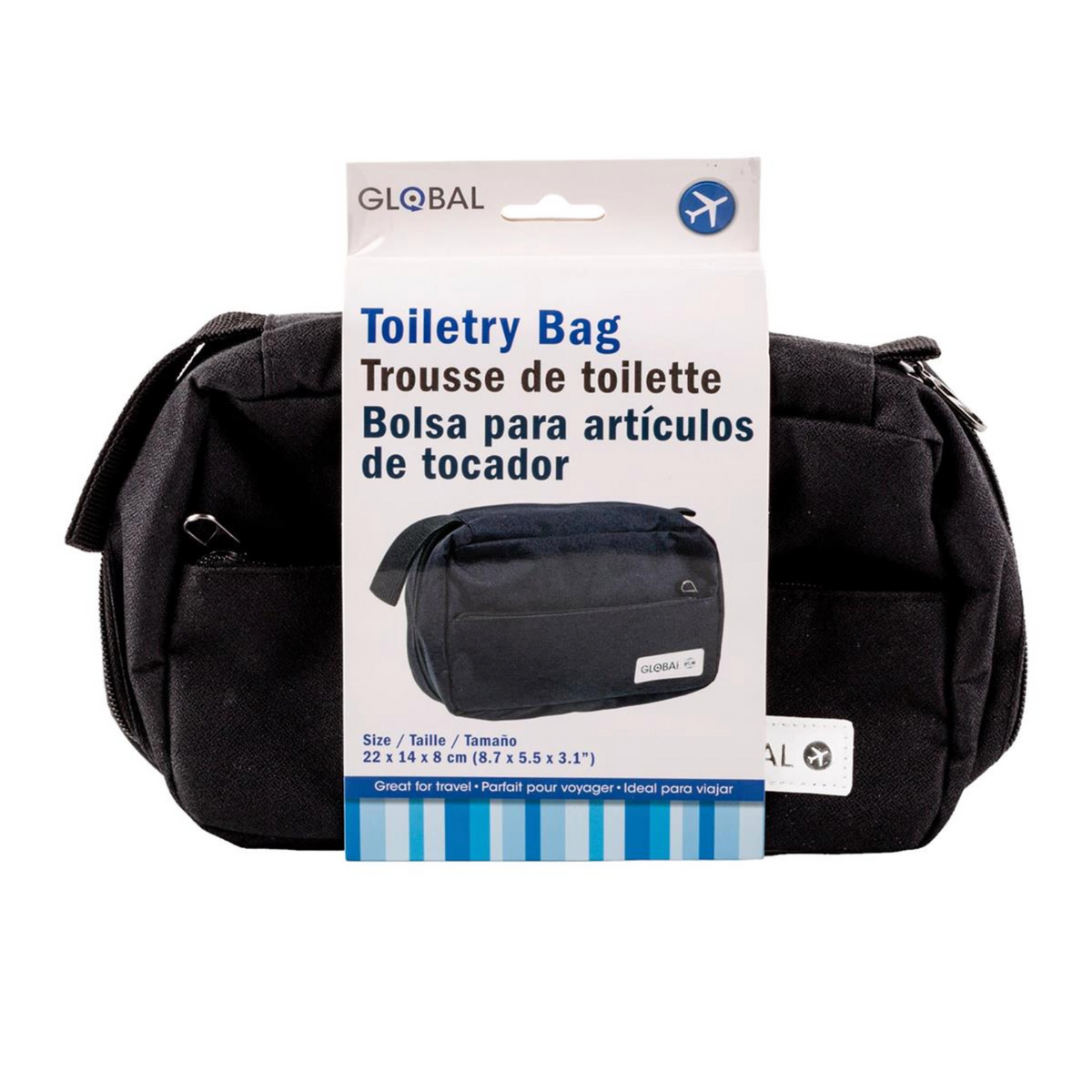 Black toiletry bag with packaging on a white background