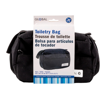 Black toiletry bag with packaging on a white background