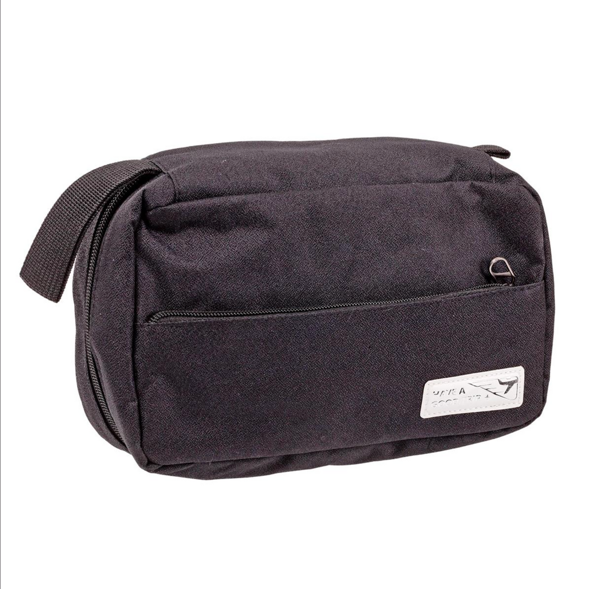 Black toiletry bag with a visible brand logo on a white background