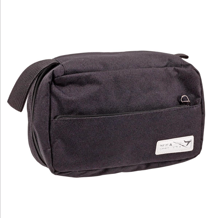 Black toiletry bag with a visible brand logo on a white background