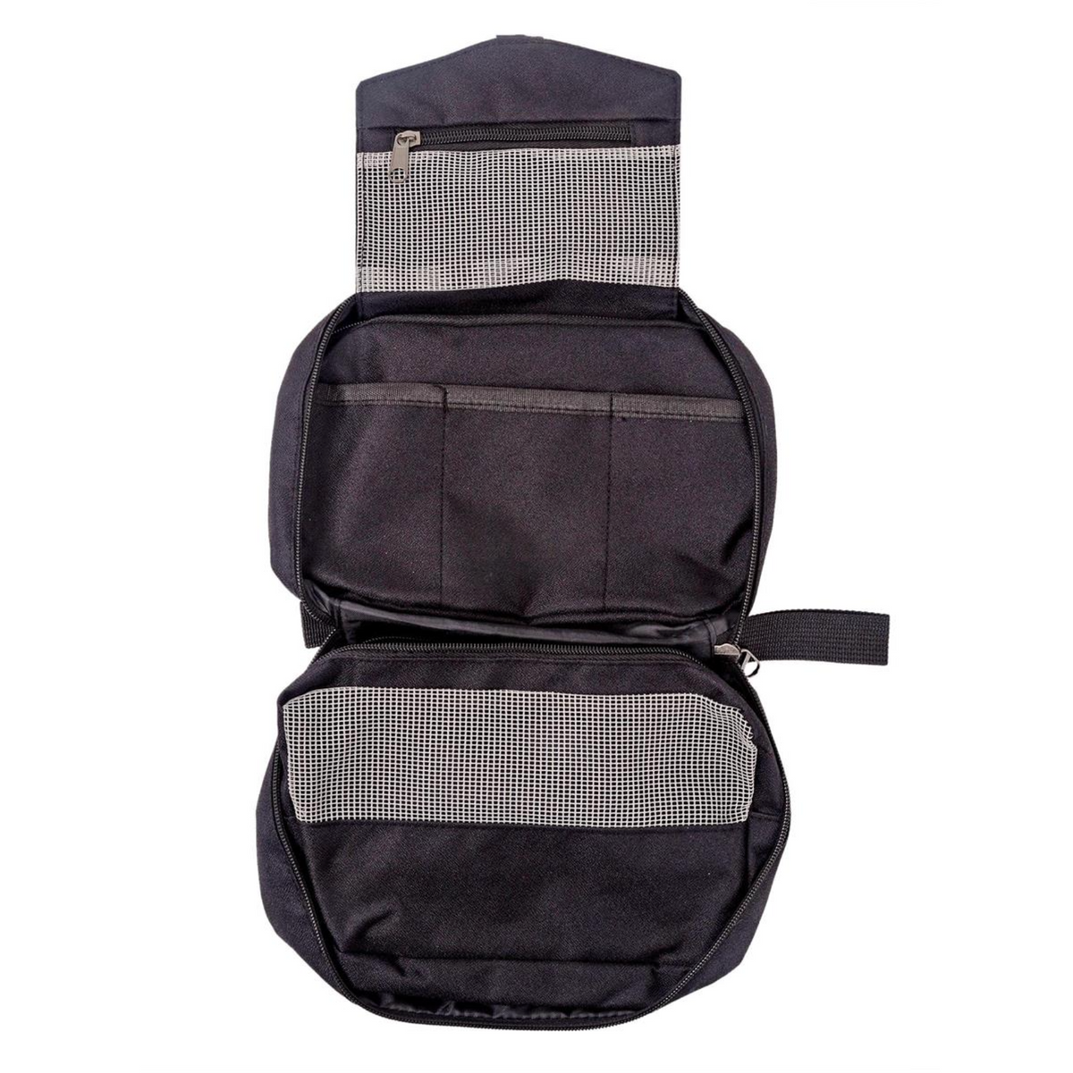 Black travel bag with mesh compartments on a white background