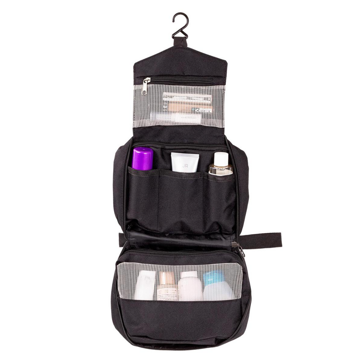Black hanging toiletry bag with cosmetic items on a white background