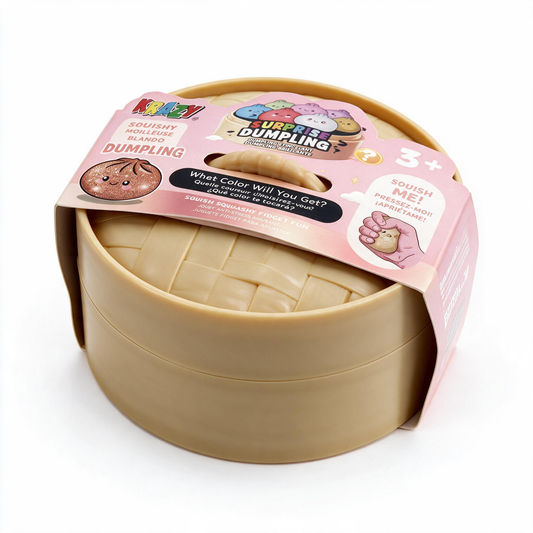 A toy dumpling-shaped squishy midge holder in a round beige plastic container with a pink paper label wrap, photographed on a clean white background.