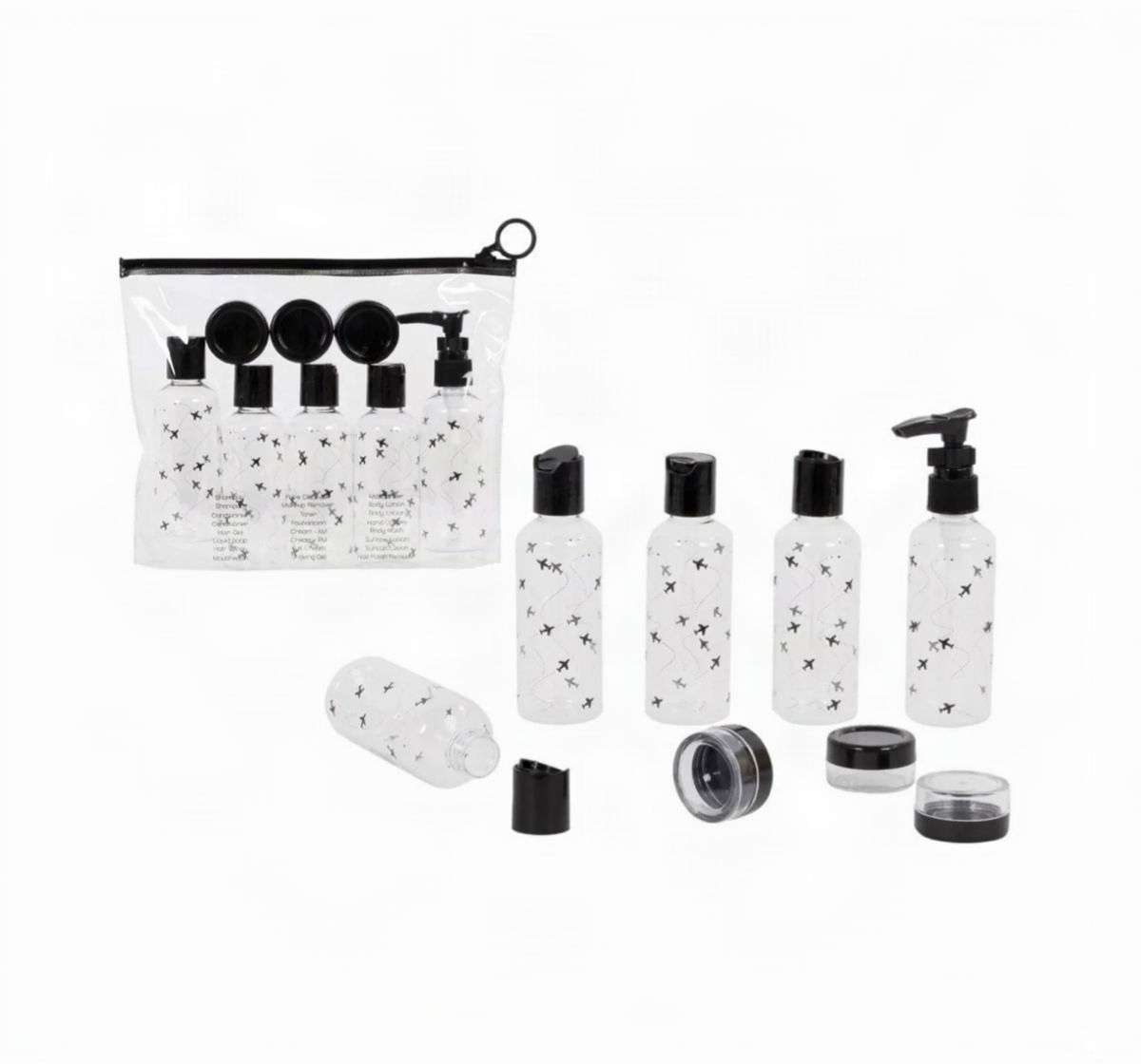 9-piece travel bottle set with clear airplane-print bottles, a pump bottle, three jars with black lids, and a clear zip pouch
