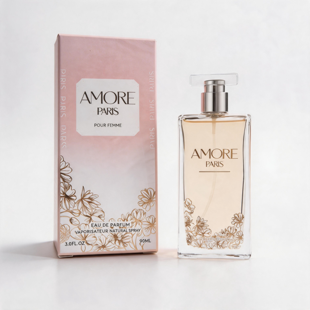 Amore Paris Eau de Parfum 90 ml bottle with its pink floral packaging box, displayed against a white background.