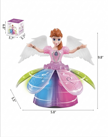 Toy figure of a princess with wings and colorful dress, dimensions displayed