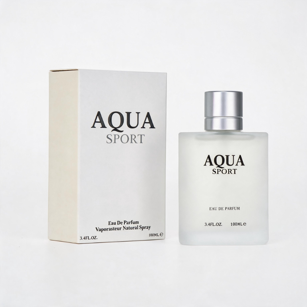Aqua Sport Eau de Parfum 100 ml frosted glass bottle with its white packaging box, displayed against a white background.