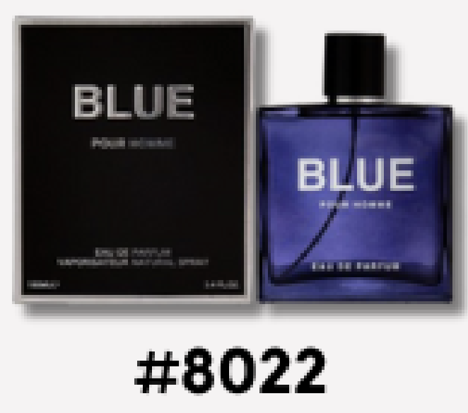 Blue Pour Homme Eau de Parfum bottle in deep blue glass, next to its black and silver packaging box, displayed against a white background.
