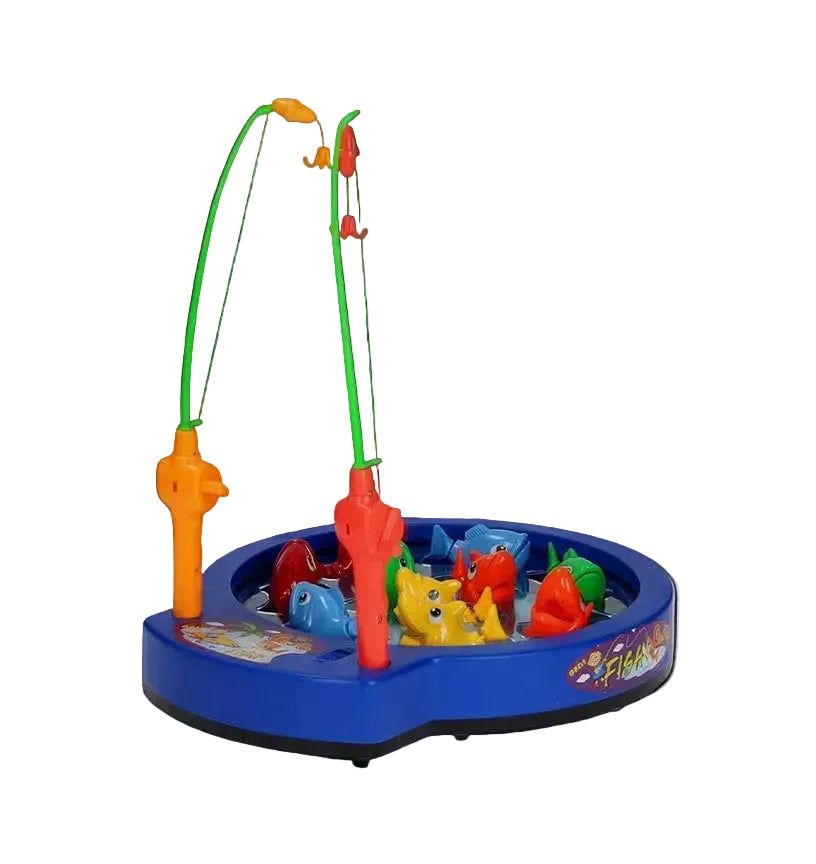 Colorful toy fishing game with two rods and a blue base on a white background