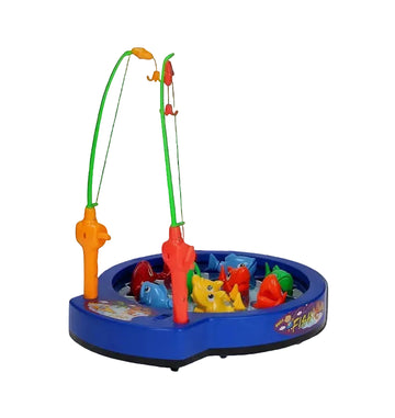 Colorful toy fishing game with two rods and a blue base on a white background