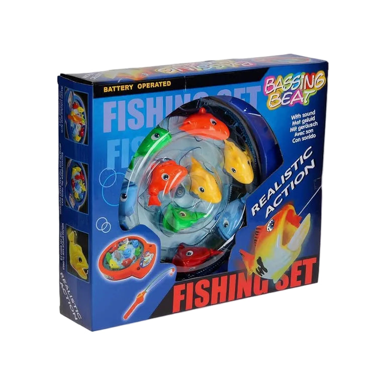 Toy fishing set packaging with colorful fish and reel on a blue background