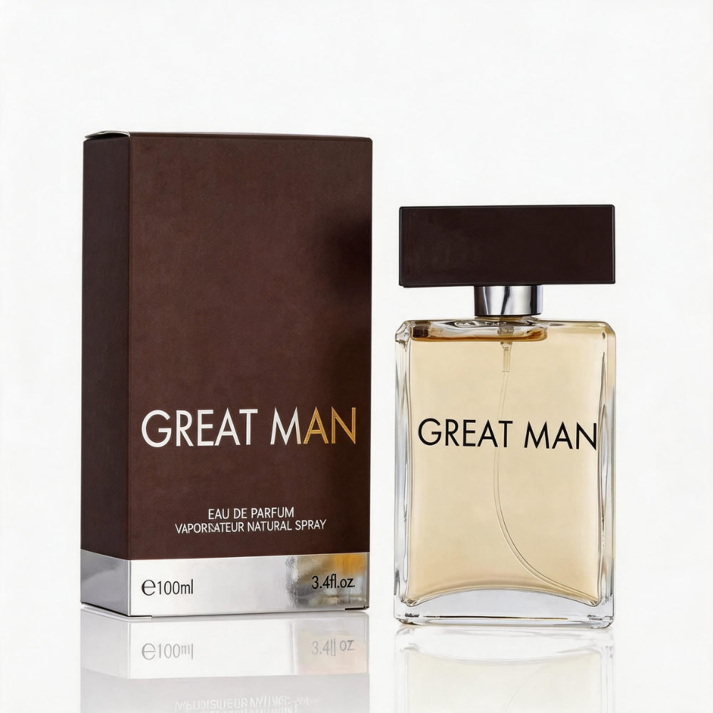 Great Man Eau de Parfum 100 ml bottle with its brown packaging box, displayed against a white background.