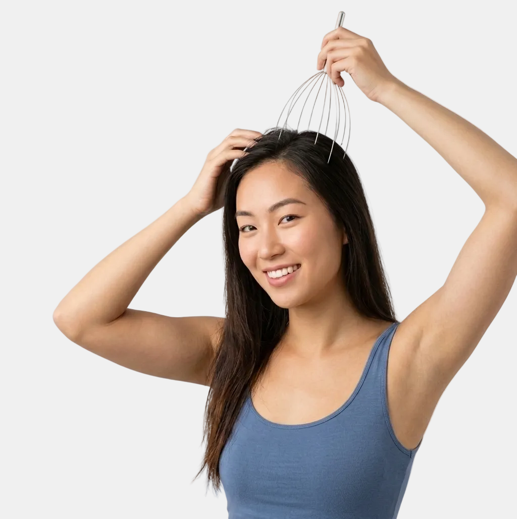 A woman with long dark hair smiling while using a metal scalp massager on her hair, wearing a blue tank top against a plain light gray background.