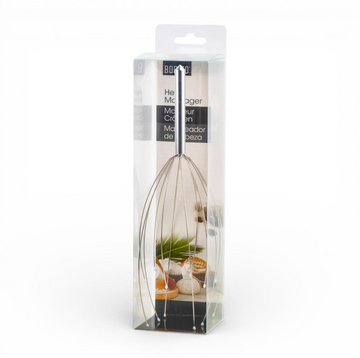 A packaged electric hand mixer with wire beaters, shown inside a clear plastic retail box with a white header card. The box has Spanish text and a small kitchen-themed graphic near the bottom.