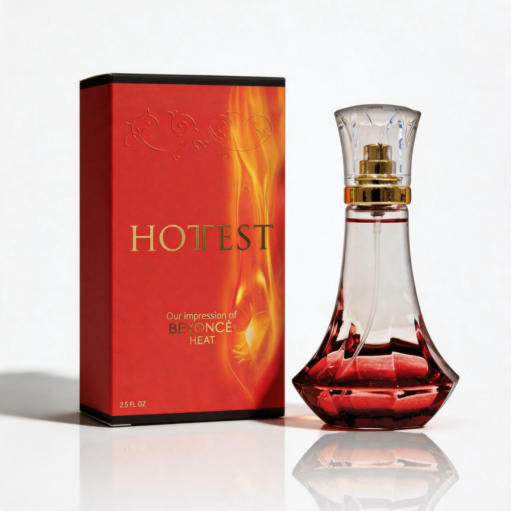 Hottest Eau de Parfum 2.5 fl oz bottle in a faceted glass design with a gold cap, next to its red flame-patterned packaging box, displayed against a white background.