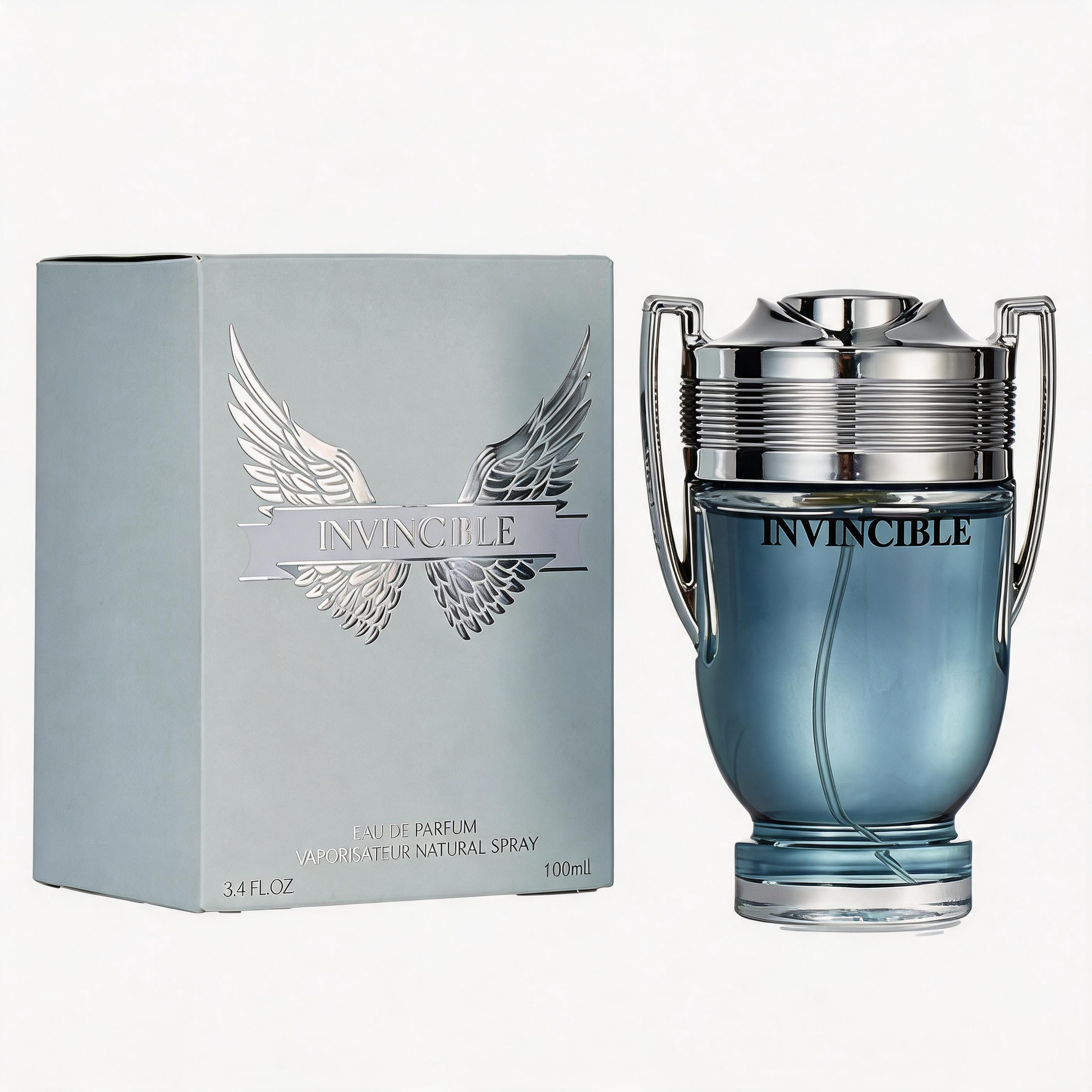 Invincible Eau de Parfum bottle next to its silver packaging box, featuring the brand name 'INVINCIBLE' and winged logo on a clean white background.