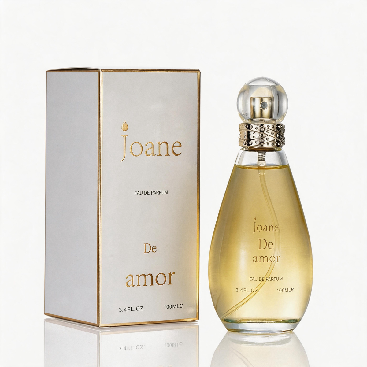 Joane De amor Eau de Parfum 100ml bottle with its white and gold packaging box, displayed on a reflective white surface against a white background.