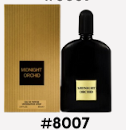 Midnight Orchid Eau de Parfum black glass bottle with a gold label, next to its gold textured packaging box, displayed against a white background.