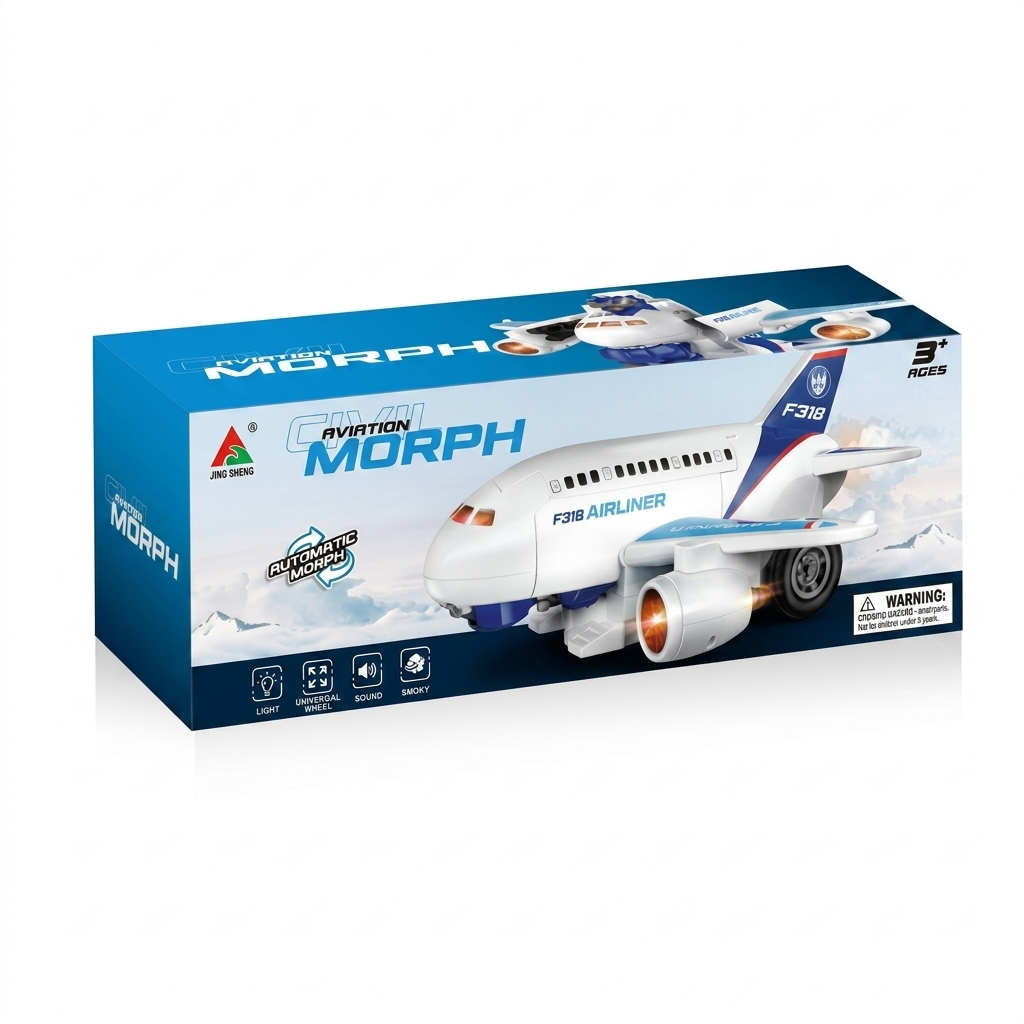Box packaging of a toy airplane with branding on a white background