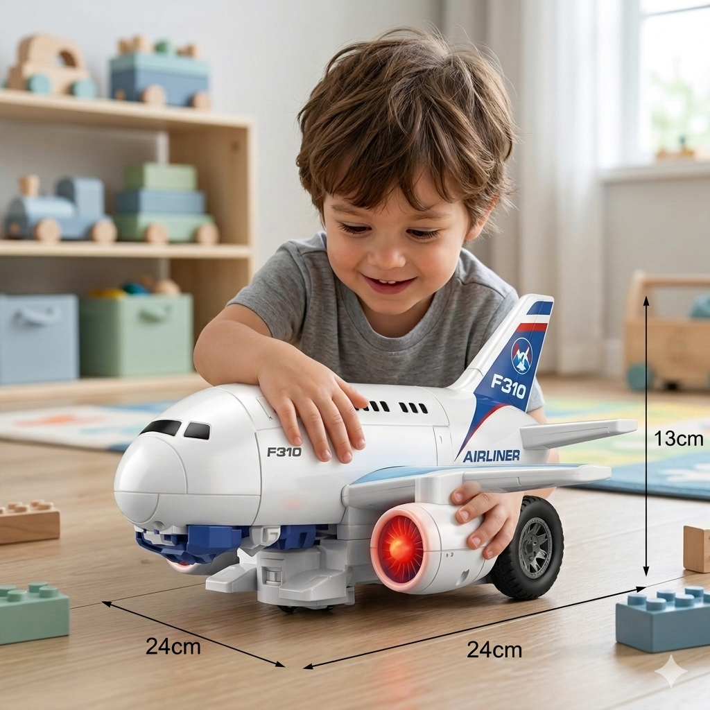 Child playing with a toy airplane in a room with shelves and toys.