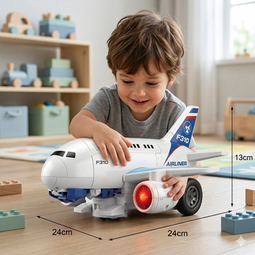 Child playing with a toy airplane in a room with shelves and toys.