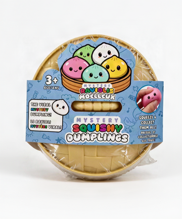 A packaged toy product labeled 'Mystery Squishy Dumplings' with a blue front label, cartoon dumpling graphics, and a beige basket-like container wrapped in clear plastic on a white background.
