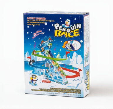 Penguin Race toy set packaging with penguins and a snowy landscape on a blue background