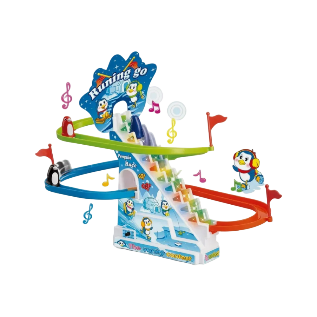 Toy penguin race track set with colorful tracks and penguin figures on a white background