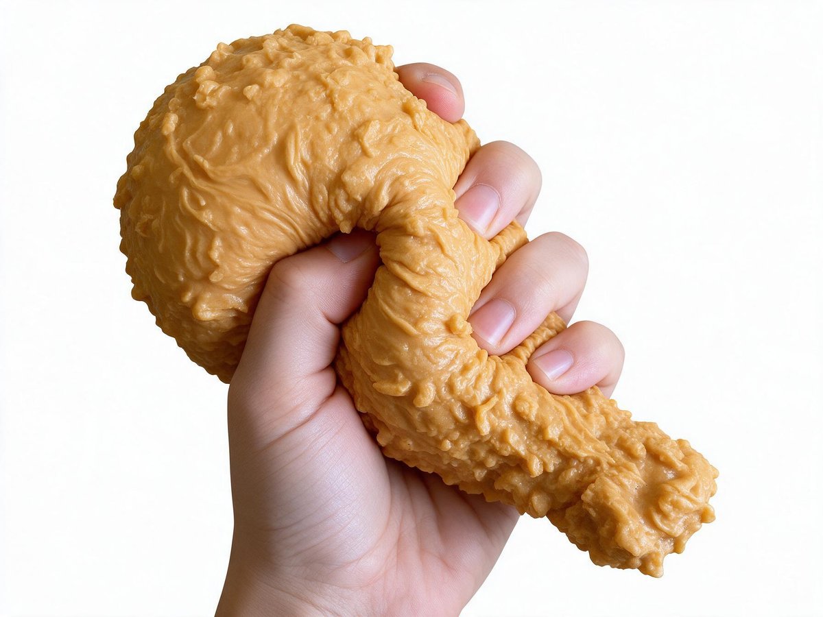 A hand squeezing a textured, chicken-leg-shaped stress toy against a plain white background.