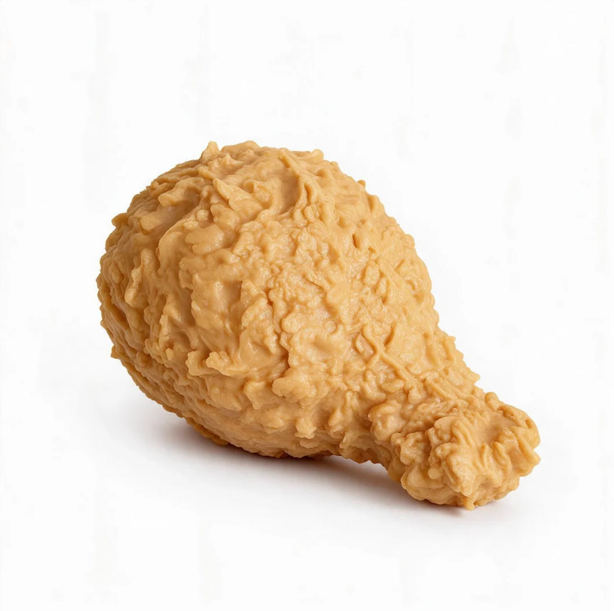 A realistic textured toy or prop chicken drum leg in a golden-brown color, photographed on a clean white background.