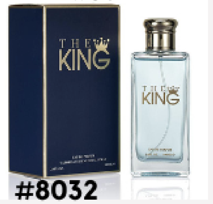 The King Eau de Toilette bottle with a gold cap, next to its navy and gold packaging box, displayed against a white background.