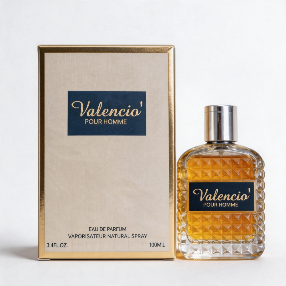 Valencio Eau de Parfum 100 ml bottle with its gold-trimmed packaging box, displayed against a white background.
