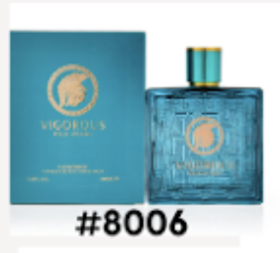Vigorous Pour Homme Eau de Parfum teal bottle with a crest emblem, next to its matching teal packaging box, displayed against a white background.