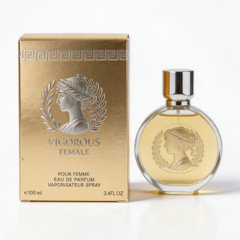Vigorous Female Eau de Parfum 100 ml bottle with its gold packaging box featuring a classical female profile emblem, displayed against a white background.