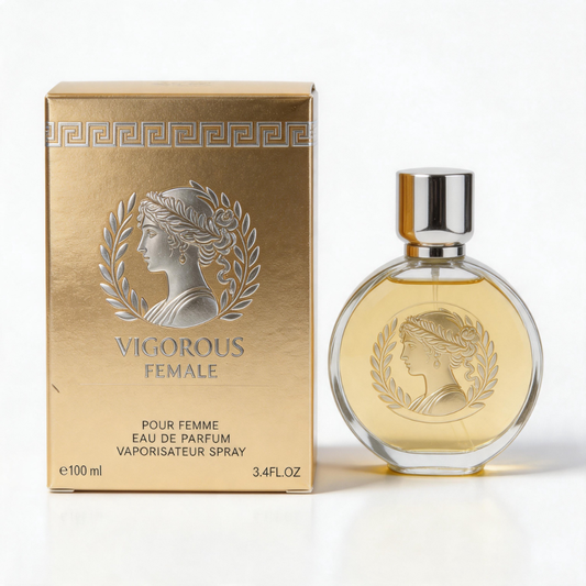 Vigorous Female Eau de Parfum 100 ml bottle with its gold packaging box featuring a classical female profile emblem, displayed against a white background.